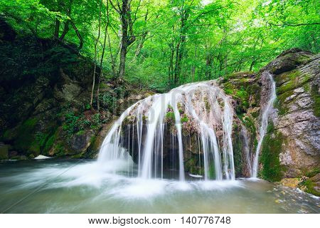 Dzhur-Dzhur waterfall on the river East Ulu-Uzen in the gorge haphal, Crimea, Russia.