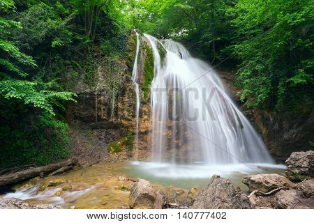 Dzhur-Dzhur waterfall on the river East Ulu-Uzen in the gorge haphal, Crimea, Russia.