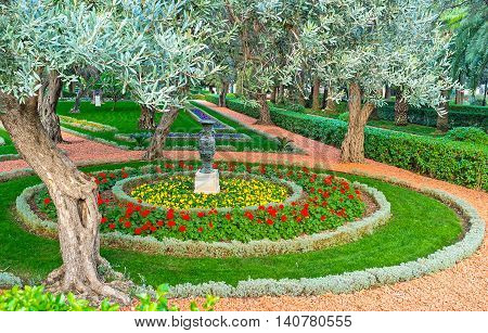The colorful flower bed with decorative vase was planted among the olive trees Bahai Gardens Haifa Israel.