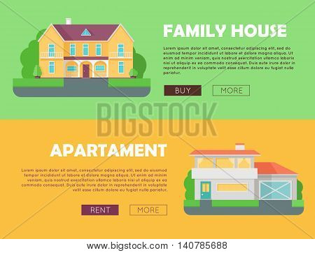 Family house concept. Modern apartment concept. Set of website templates. Modern apartment building in flat. Colorful residential hous. Home, building, house exterior, real estate, modern house.