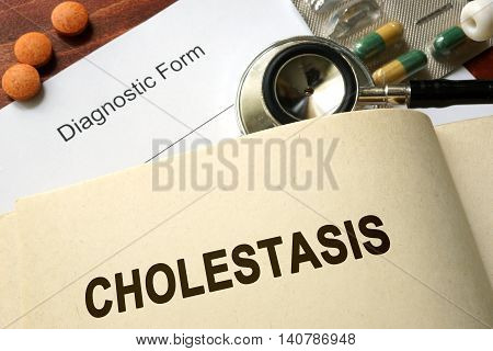 Page with word Cholestasis and glasses. Medical concept.