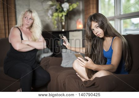 A Family problems concept. Mother try to talk his daughter