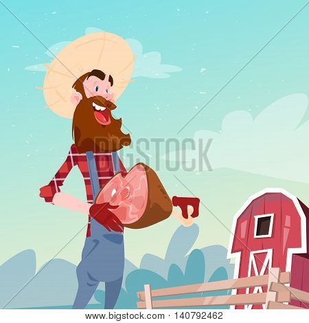Farmer Hold Pig Leg Pork Butcher Animal Farm Flat Vector Illustration
