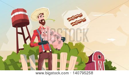 Farmer Hold Pig Pork Butcher Animal Farm Flat Vector Illustration