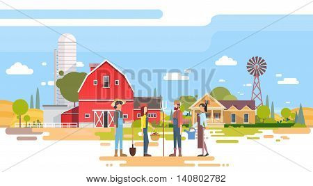 Farmers Group Stand Before Big Farm With House, Farmland Countryside Flat Vector Illustration