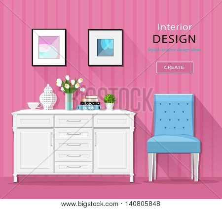 Cute stylish room interior furniture: commode, chair, pictures with long shadows. Flat style vector illustration.