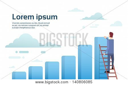 Businessman Climb Up Ladder Stairs To Financial Bar Graph Flat Vector Illustration