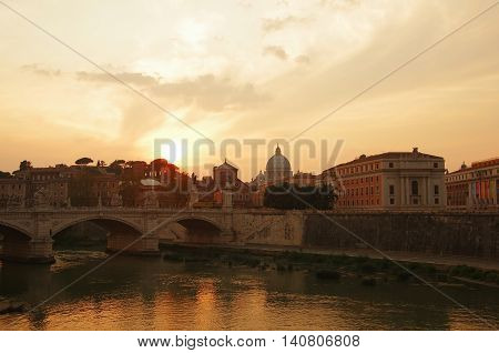 View on sunset over the Tibre Rome Italy