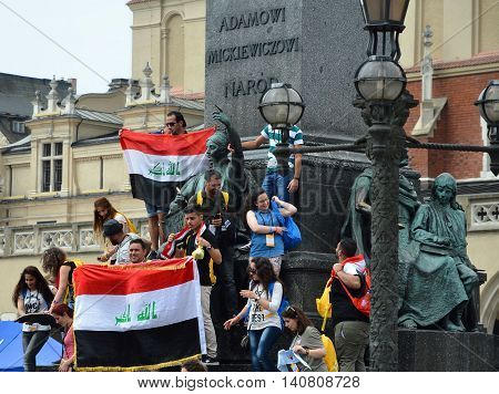 Krakow Poland - JUL 27 2016: World youth day 2016.International Catholic youth Convention. Young people on Main Square in Krakow.