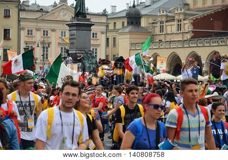 Krakow Poland - JUL 27 2016: World youth day 2016.International Catholic youth Convention. Young people on Main Square in Krakow.