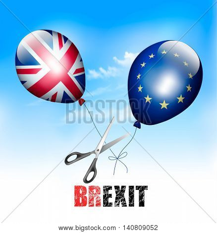 Brexit concept. Scissors cutting EU and UK balloons away from each other. Vector.