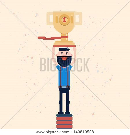 Successful Business Man Hold Cup Wiiner Prize Flat Vector Illustration