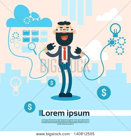 Business Man Connect Electricity Plug Internet Cloud Storage Conncetion Flat Vector Illustration