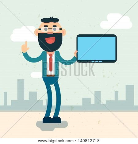 Business Man Hold Empty Tablet Point Finger Up Flat Vector Illustration