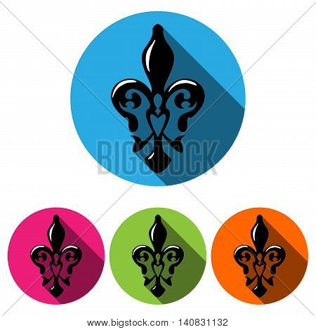 Fleur de lis symbol with long shadow. French lily icon isolated on a white background