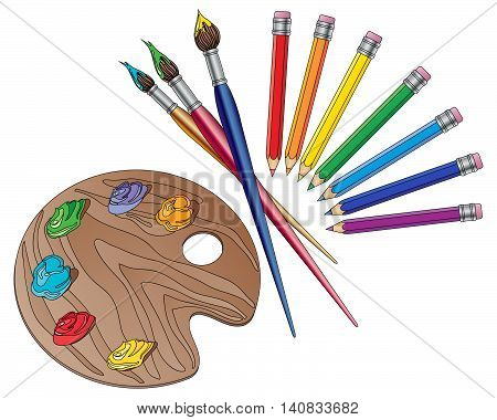 an illustration of art materials with brushes pencils and an artists palette with paints on a white background