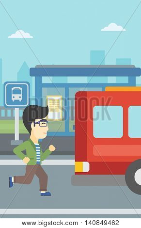 An asian latecomer man running along the sidewalk to reach a bus. Young man came too late at bus stop. Man chasing a bus. Vector flat design illustration. Vertical layout.