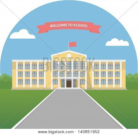 Yellow school building in a landscape. School library. University or college building. Banner invitation back to school. Flat style vector illustration.