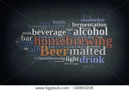 Blackboard with word cloud on homebrewing beer. 3D rendering.