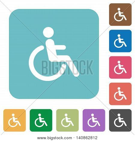 Flat disability icons on rounded square color backgrounds.