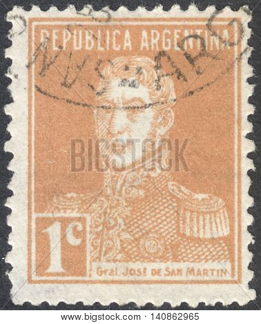 MOSCOW RUSSIA - CIRCA APRIL 2016: a post stamp printed in ARGENTINA shows a portrait of General San Martin the series 