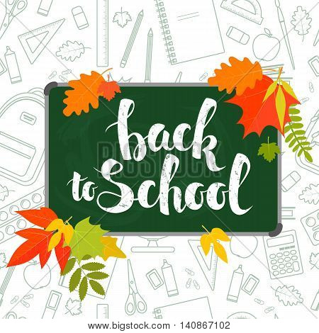 Back to school handwritten lettering on green blackboard and seamless pattern. Vector stock illustration.