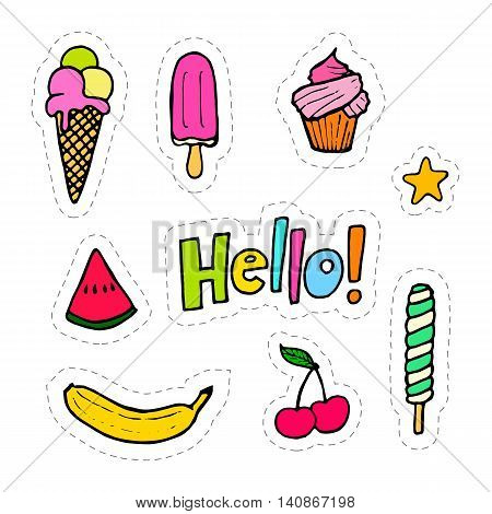 Set of hand drawing patches with food - ice creams fruits cupcake. Vector stock illustration.