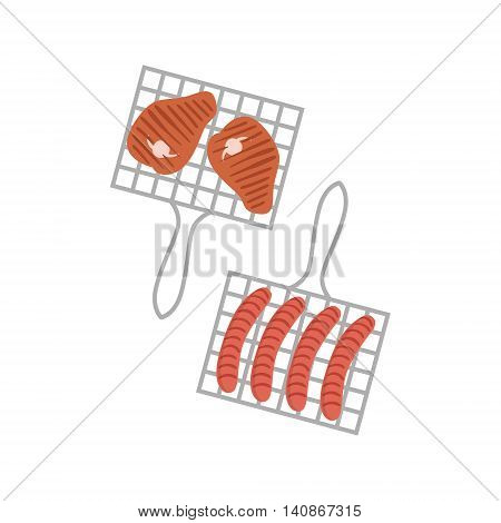 Two Grill Grids With Sausages And Porc Chops Simple Childish Flat Colorful Illustration On White Background
