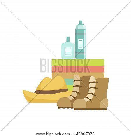 Camping Equipment Set With Boots And Water Bottles Simple Childish Flat Colorful Illustration On White Background
