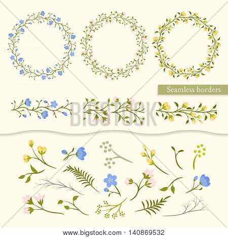 Vector set vintage floral elements - wreaths, seamless borders and individual elements (leaves, branches, flowers). For design wedding card and invitation.