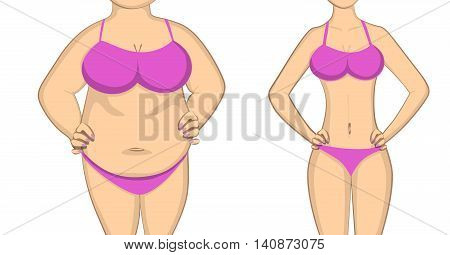 From fat to slim and healthy body. Before and after concept. Changing lifestyle and body shape.