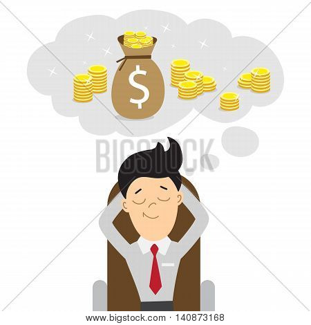 Happy businessman dreams of money. Dreaming of being rich, pension or money for holiday. Money bag with coins.