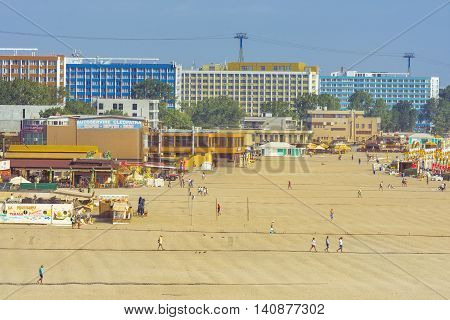 Mamaia Romania - July 20 2016: Mamaia seaside resort. Mamaia is the largest and best known resort on Romanian Riviera. It's situated on an 8km long and 300m wide sandy land strip at the Black Sea.