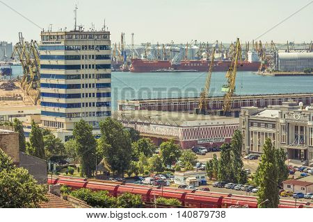 Constanta Romania - July 18 2016: Constanta industrial area port. Heavy load port cranes in Constanta.Top view over the Constanta shipyard the largest port on the Black Sea