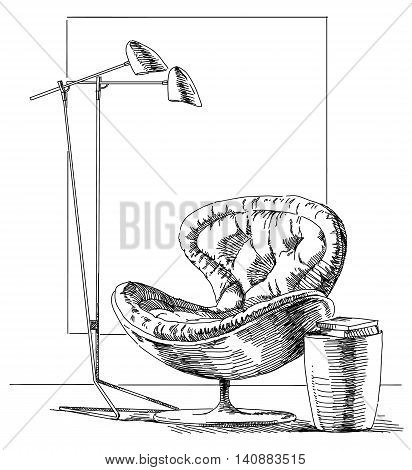 Contemporary modern interior hand drawing vector illustration.
