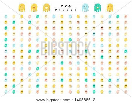 Monsters cute characters with doodle emotions, set isolated of 224 pieces sketch. Face smile, cartoon sea creatures. Design drawn icons.