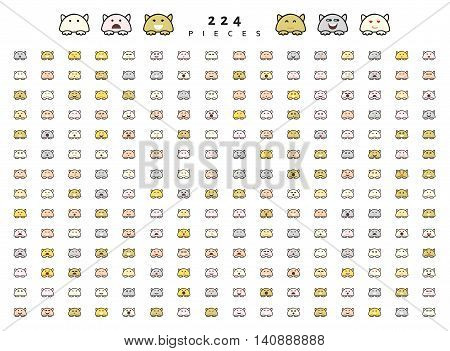 Big set 224 pieces emotions isolated. Cats cute funny. Web emoji. Anger and compassion. Laughter tears. Sadness and surprise. Happiness and fear. Cunning, cheerful.