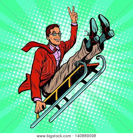 Retro man riding on a sled, pop art retro vector illustration. Winter sports, games and entertainment