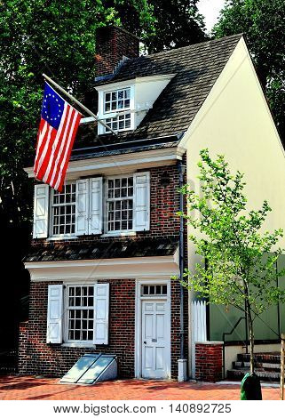 Philadelphia Pennsylvania - June 25 2013: Circa 1740 Betsy Ross House at 239 Arch Street where legend says she lived and designed the first American flag