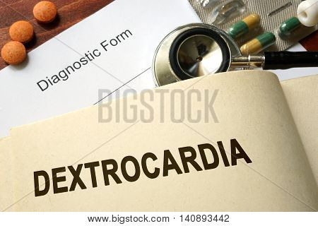 Page with word Dextrocardia and glasses. Medical concept.