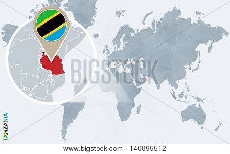 Abstract Blue World Map With Magnified Tanzania.