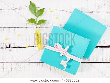 two gift boxes with heart shaped pin and plant in vase on wood. Valentines day background. love romance concept