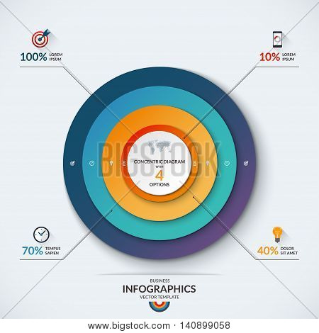Infographic diagram template with concentric circles. Vector banner with 4 options- 10, 40, 70 and 100 percent. Can be used for web design, presentation, graph, chart, report, data visualization