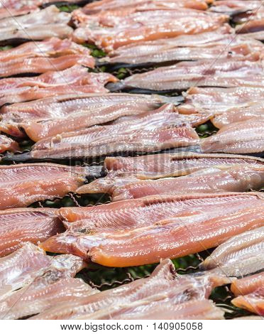 Fish Dried Under The Sun, Striped Snakehead Fish Dried Prepare For Cook In Thailand
