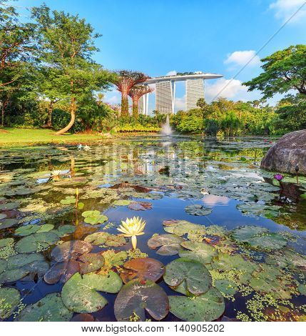 Singapore, Republic of Singapore - May 5, 2016: Gardens by the Bay with Supertree grove and Marina bay Sands hotel reflecting in lake at sunrise