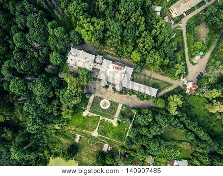 beautiful aerial view on White Swan palace and yard in Sharivka park, Kharkiv region, Ukraine