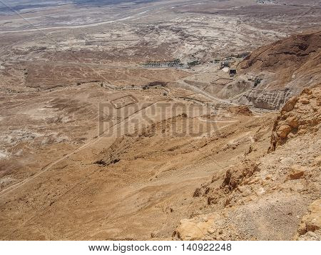 View of the archaeological site of the Roman garrison from fortress of Masada in the Judaean Desert, Israel
