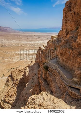 Masada - ancient fortification on top of an rock, overlooking the Dead Sea in the Judaean Desert, Israel