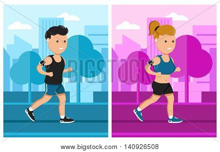 sport man and woman run vector flat illustration