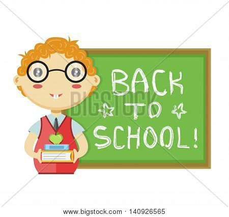 schoolboy with books by the board flat